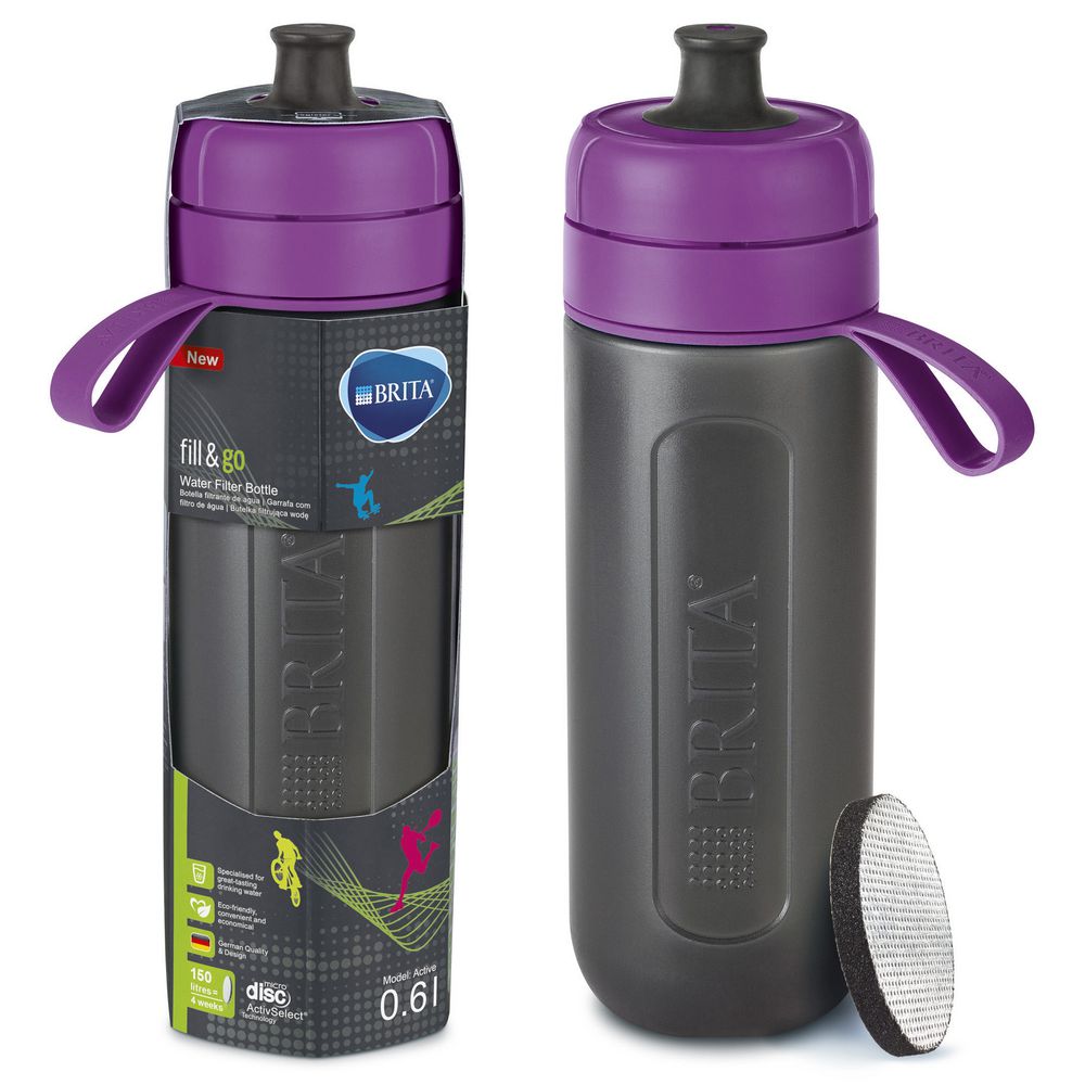 Purple, Vital BRITA Water Bottle with 4 Filters Reduces Chlorine and Organic Impurities BPA Free 600 ML Fill and Go 
