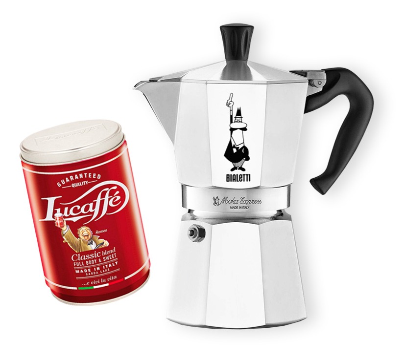 Bialetti Moka Express 6 Tasses Moka Pot + Lucaffé Classic 250 g Café Moulu