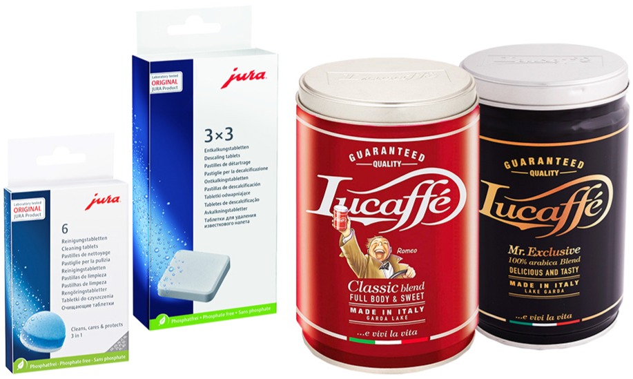 Jura Nettoyage des tablettes 6 pcs + Détartrage Tablettes 3 x 3 + Lucaffé  Classique 250 g Lucaffé Mr Exclusive 250 g - Crema