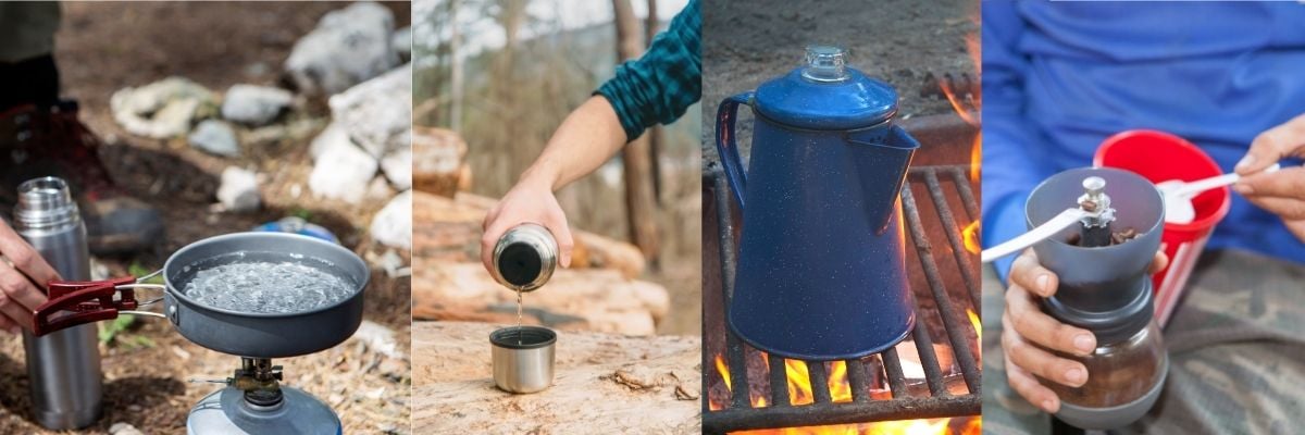 Process of making camping coffee outdoor Stock Photo by bondarillia