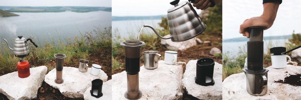 Process of making camping coffee outdoor Stock Photo by bondarillia