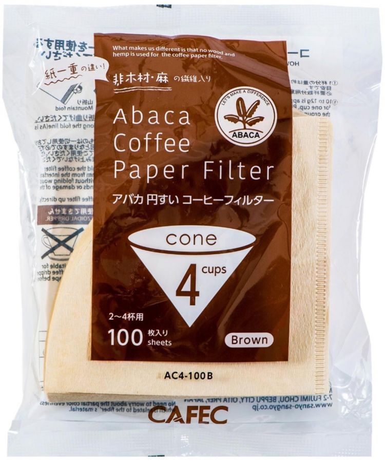 CAFEC ABACA Cone-Shaped Filter Paper 4 Cup, Brown 100 pcs