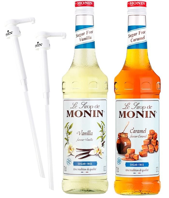 Monin Sugar Free Vanille 700 ml + Sugar Free Caramel 700 ml + 2 x Monin Syrup Pump