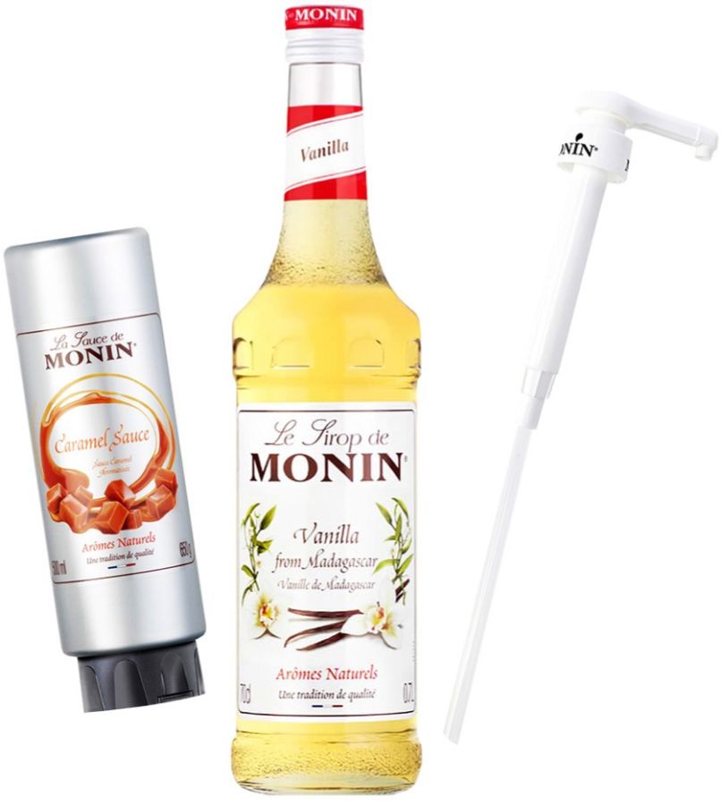 Monin Vanilla 700 ml + Monin Caramel Sauce 500 ml + Monin Syrup Pump