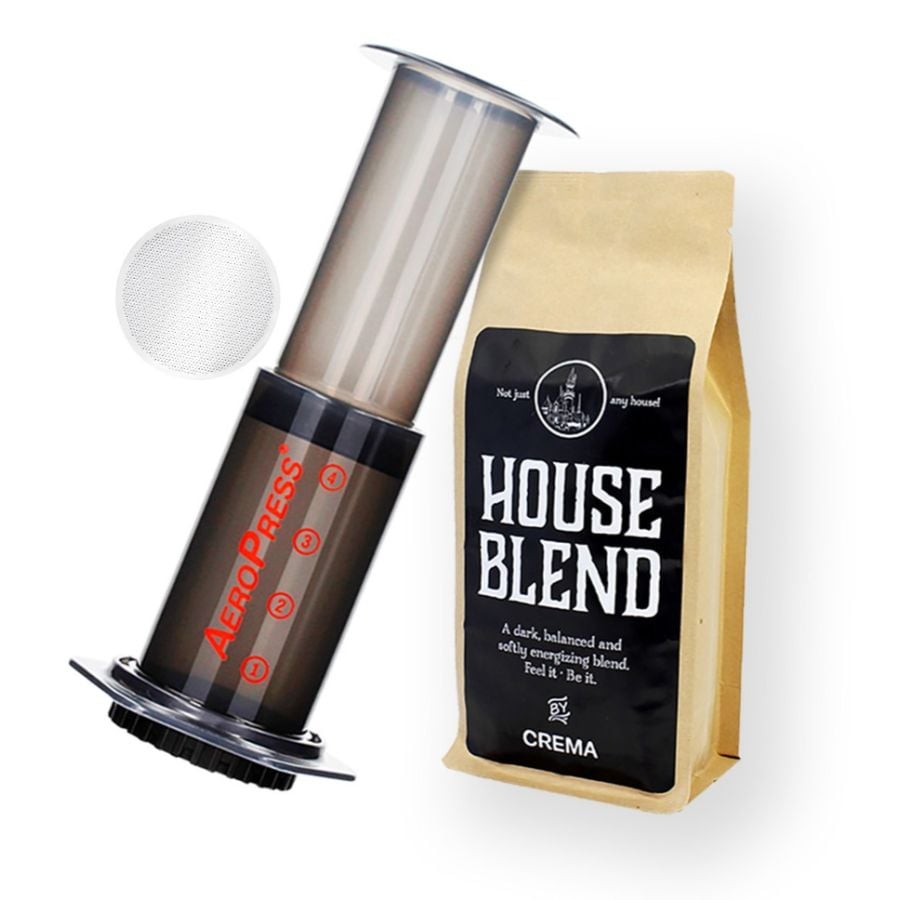 Cafetière AeroPress + Filtre Métallique Permanent + Crema House Blend 250 g