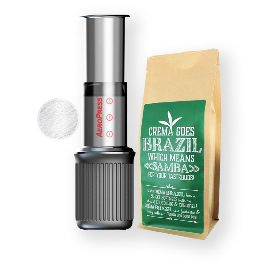 AeroPress Go Coffee Maker + Permanent Metal Filter + Crema Brazil 250 g