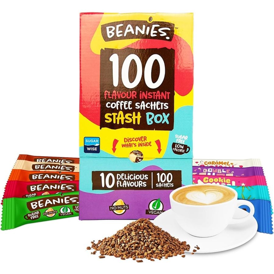 Beanies 100 Mixed Stash Box Flavoured Instant Coffee, 100 Sachets