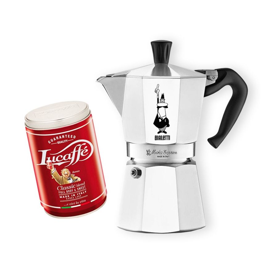 Bialetti Moka Express 6 Cup Moka Pot + Lucaffé Classic 250 g Ground Coffee