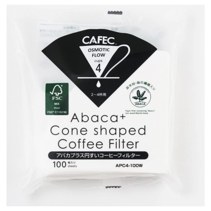 CAFEC Abaca+ Cone Shaped Coffee Filter 4 Cups, White 100 pcs