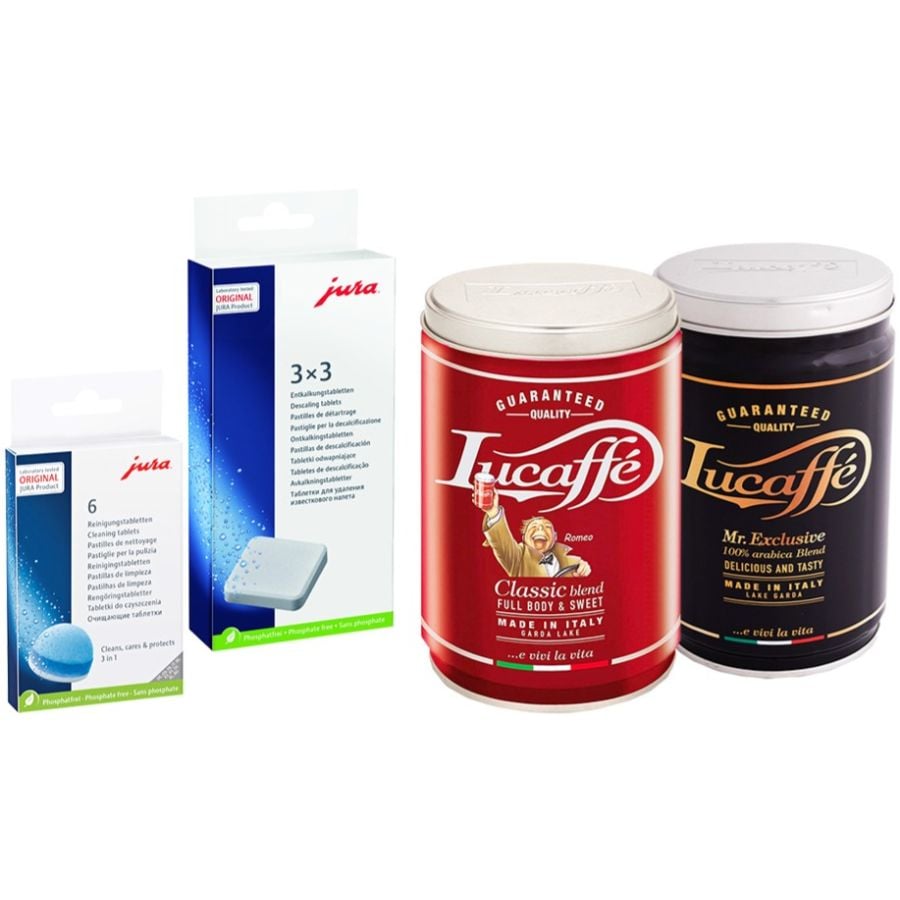 Jura pastillas de limpieza 6 uds. + pastillas descalcificadoras 3 x 3 + Lucaffé Classic 250 g + Lucaffé Mr Exclusive 250 g