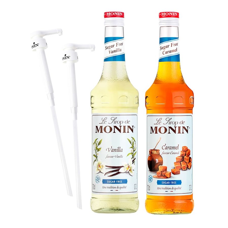 Monin Vanille sans sucre 700 ml + Caramel sans sucre 700 ml + 2 x pompe à sirop