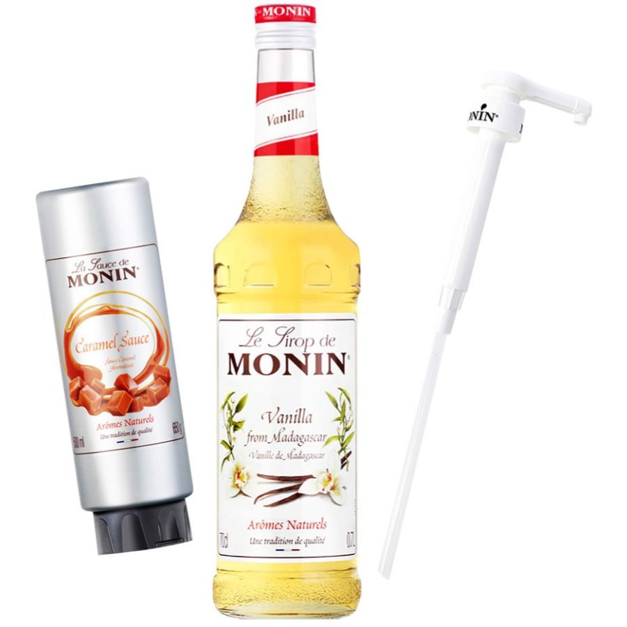 Monin Vanille 700 ml + sauce Caramel Monin 500 ml + pompe à sirop Monin